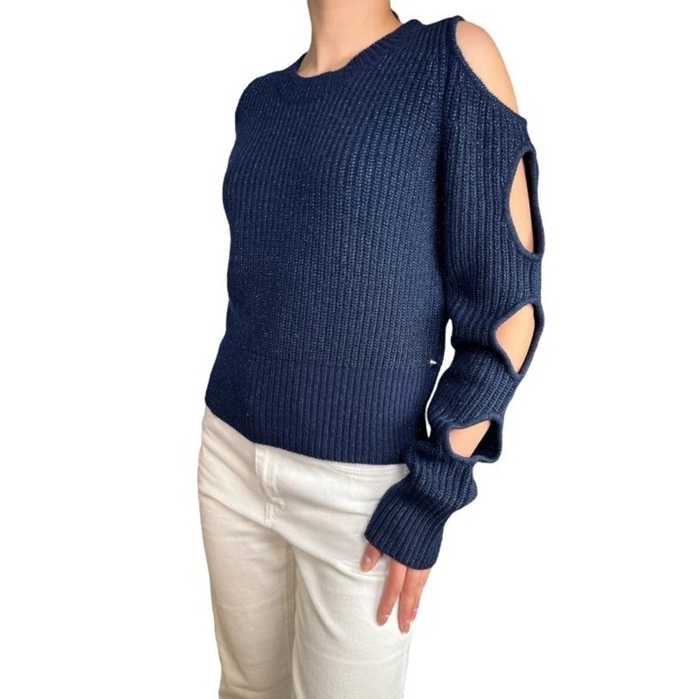 Zoe Jordan Navy Metallic Wool Cashmere Cold Shoulder Ribbed Sweater Size S/M